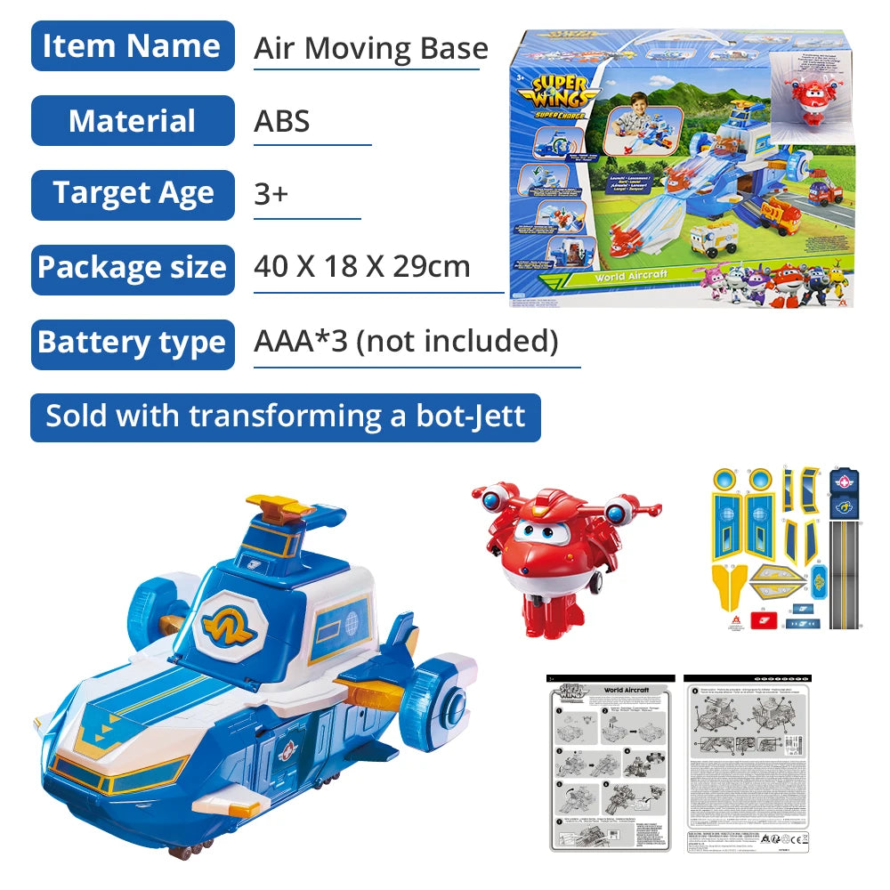 Super Wings S4 Air Moving Base  With lights & Sound World Aircraft Playset Includes 2” Jett Transforming Bots Toys For Kids Gift