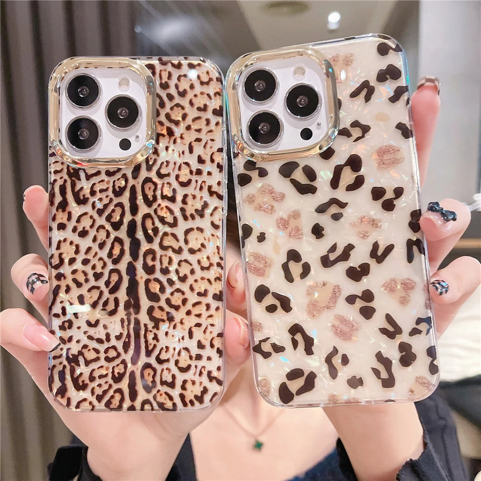 Cute Colorful Mermaid Scales Rainbow Shell Flower Phone Case for iPhone 15 14 13 12 Pro Max Leopard Print Hard Silicon Cover