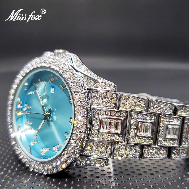 Ice out Watch for Couple MISSFOX Luxury Brand Diamond Watches for Lover Dropshipping New Auto Date Relogio Masculino de Luxo