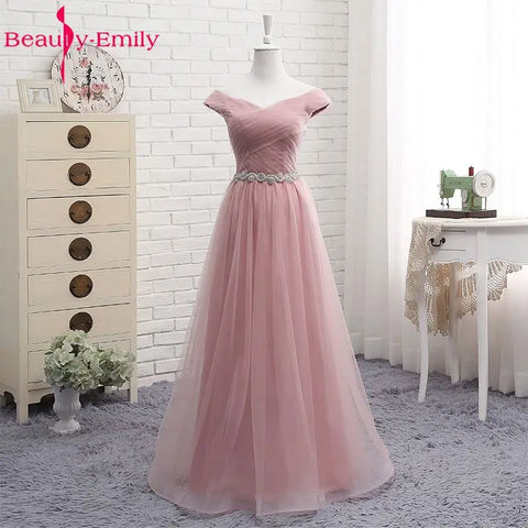 Beauty-Emily V Neck Bridesmaid Dresses Long for Wedding Elegant A Line Tulle Pink Party Gowns for Wedding Guests Prom Dress