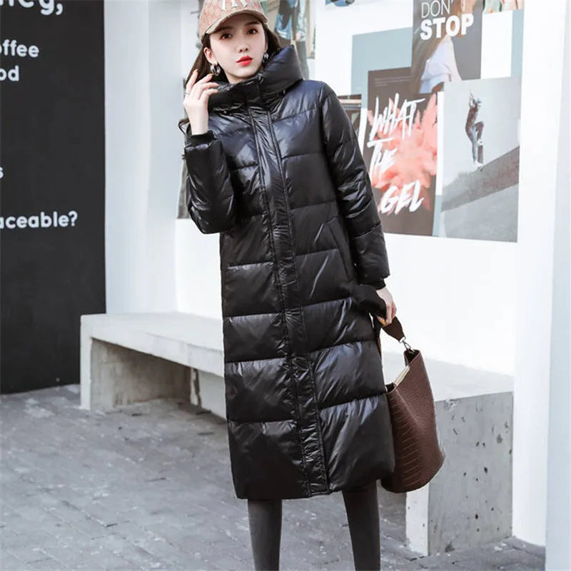 Long Parkas Slim Hooded Warm Winter Coats Female Black Overcoats