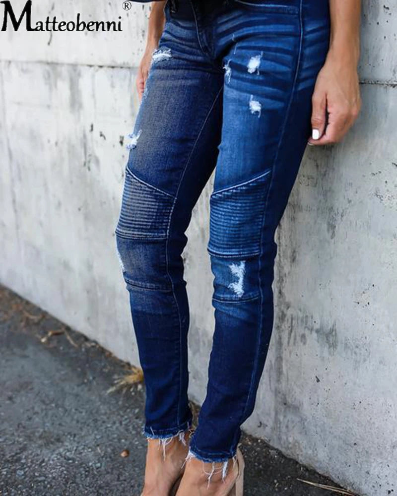 Fashion Mid Waist women Pencil Pants Casual Ripped Jeans