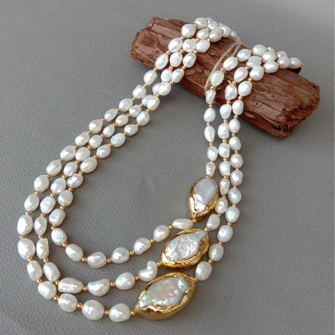 Y·YING 20" 3 rows Cultured Baroque Pearl Necklace Keshi Pearl Gold color Plated Connector chokers luxury wedding for women