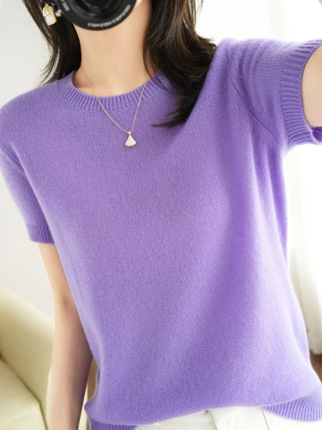 Spring and Summer New Short-sleeved Women O-neck Slim  Sweater