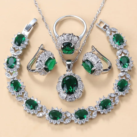 925 Silver Bridal Necklace And Earrings Jewelry Sets For Women Fashion Wedding Green Zircon Charm Bracelet Ring