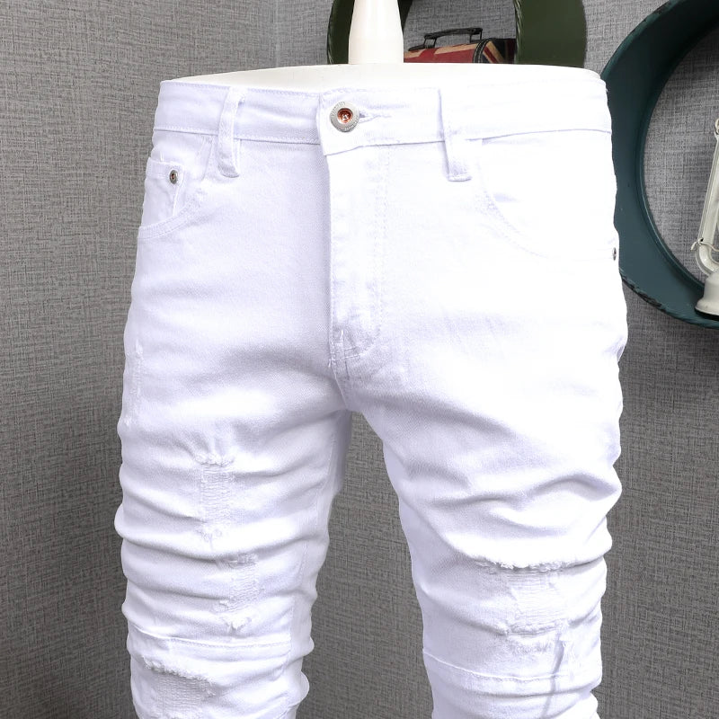 Summer Men's White Jeans Casual Cotton Slim Fit Straight Pants Mens Fashion Streetwear Ripped Patches Denim Trousers