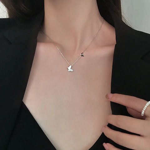 XIYANIKE Silver Color  Double Butterfly Pendant Necklace INS Simple Clavicle Chain Temperament High Quality Jewelry Female