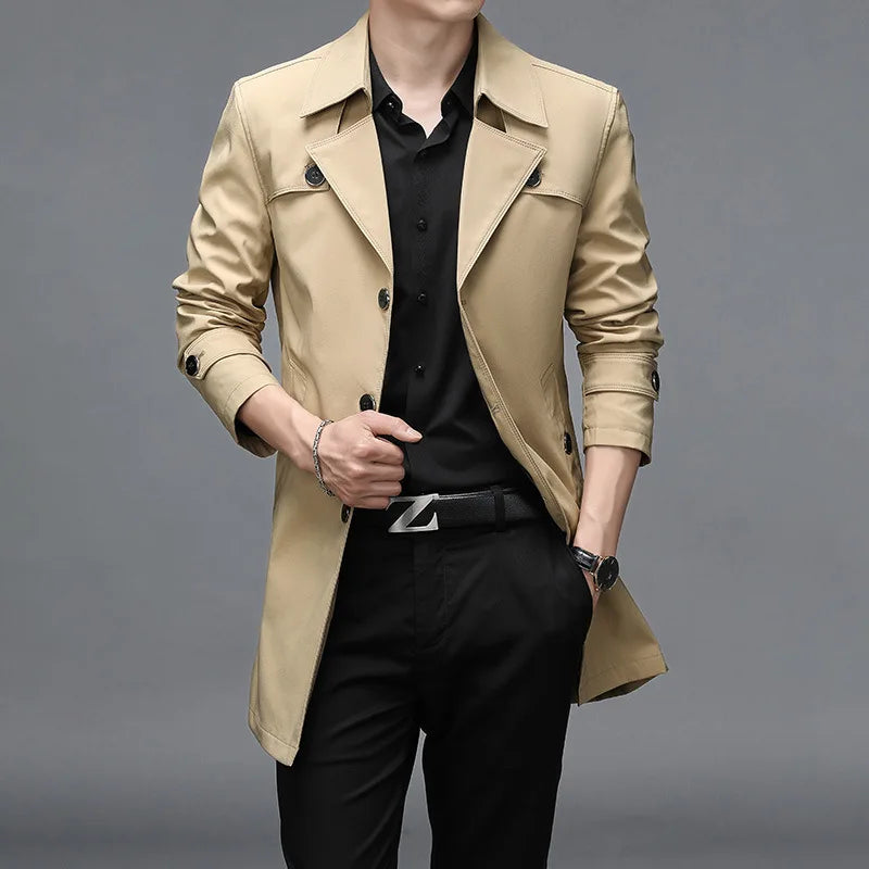 Men Long Trench Coats Hight Quality Button Windbreaker Mens Fashion Turn Down Collar Solid Trench Outerwear Jackets Plus Size