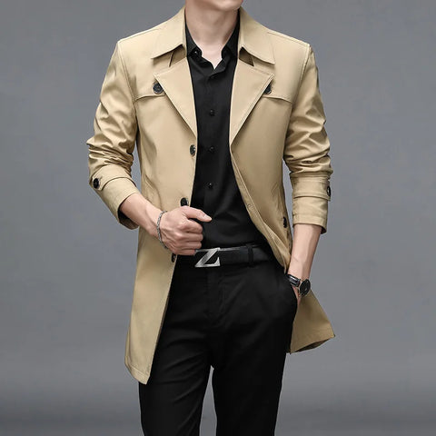 Men Long Trench Coats Hight Quality Button Windbreaker Mens Fashion Turn Down Collar Solid Trench Outerwear Jackets Plus Size