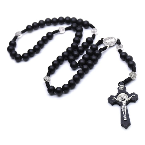 Black Wooden Christ Jesus Cross Religious Necklace Catholic Rosary Necklace Church Souvenirs Prayer Pendant Necklace