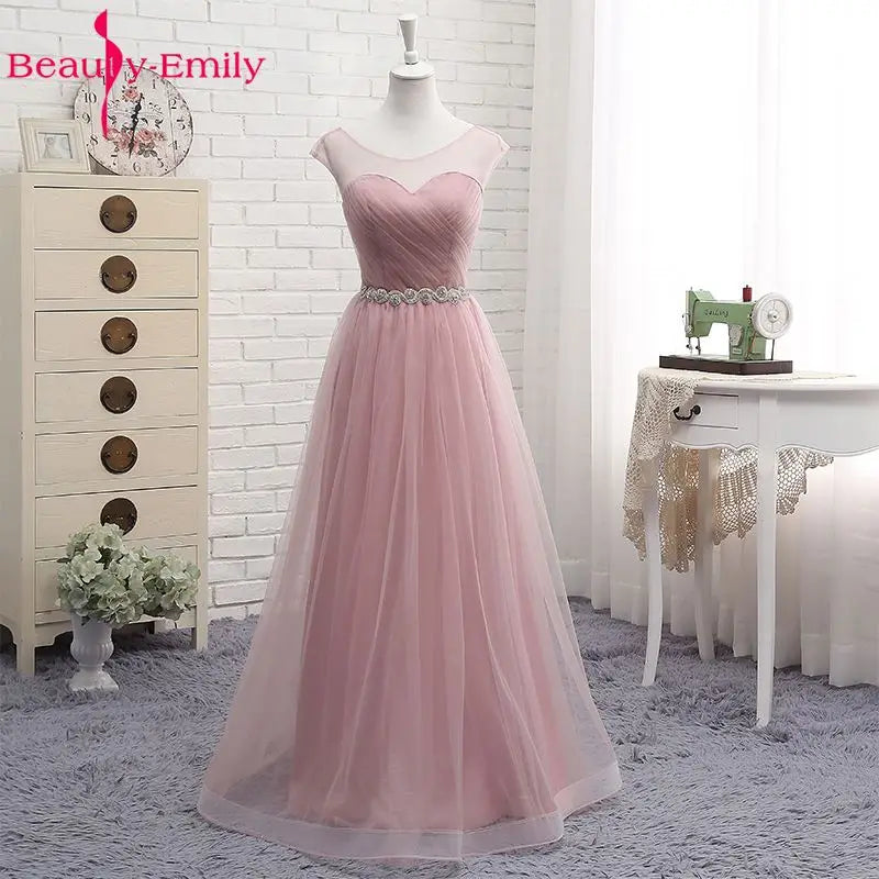 Beauty-Emily V Neck Bridesmaid Dresses Long for Wedding Elegant A Line Tulle Pink Party Gowns for Wedding Guests Prom Dress