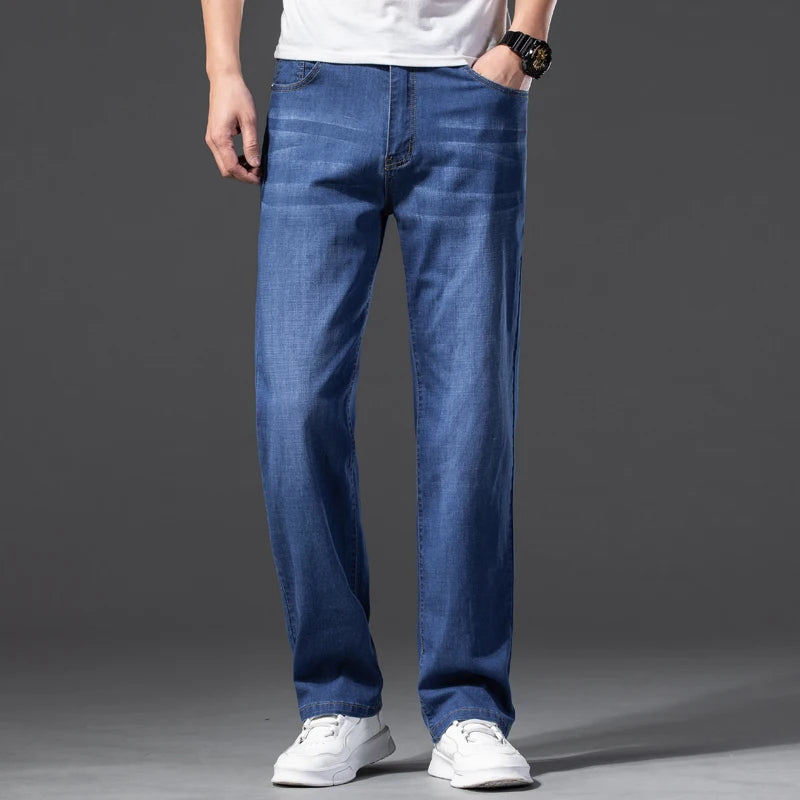 Spring Summer Men's Loose Straight Lightweight Jeans High Quality Stretch Pants Cotton Thin Denim Classic Brand Trousers 40 42