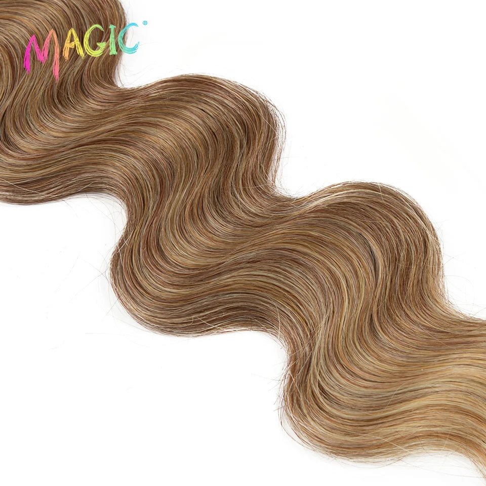 Magic Synthetic Hair 26 Inch Body Wave Hair Bundles 100G Ombre Blond Brown Weave Ponytail Hair Extensions Heat Resistant Hair