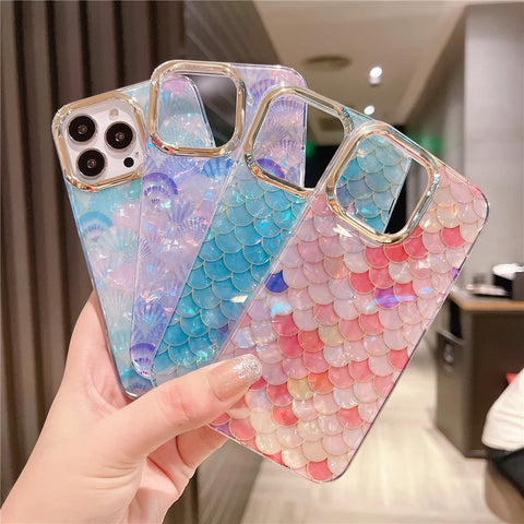 Cute Colorful Mermaid Scales Rainbow Shell Flower Phone Case for iPhone 15 14 13 12 Pro Max Leopard Print Hard Silicon Cover