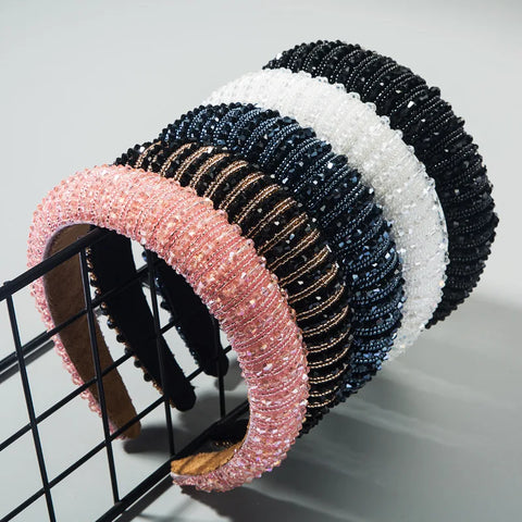 Luxury Full Diamond Hand-woven Beaded Headband Fashion Hair Accessories Female Baroque Sponge Headband Hair Hoop Headwear Woman