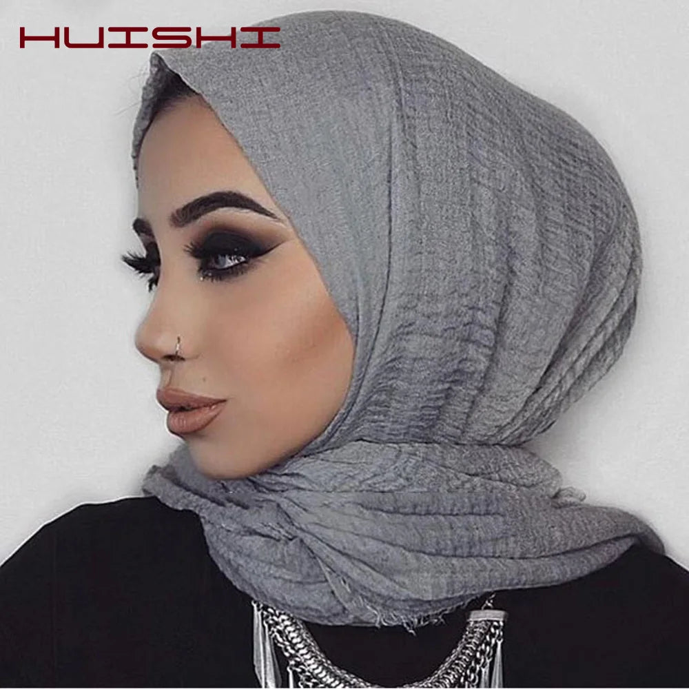 HUISHI Scarf Muslim Women Bubble Cotton Solid Islam Muslim Head Scarf Shawls and Wraps Female Foulard Crinkle Cloud Hijab