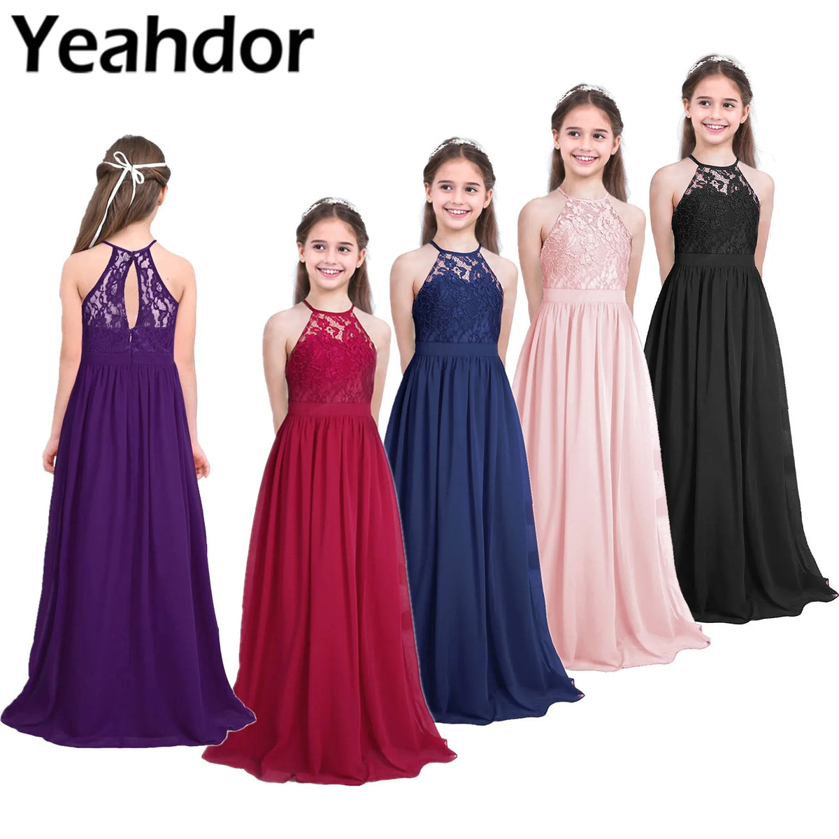 Little Bridesmaid Dress Kids Halter Maxi Long Dress  Prom Ball Gown Lace Chiffon Flower Girls Dresses Wedding Party Costume