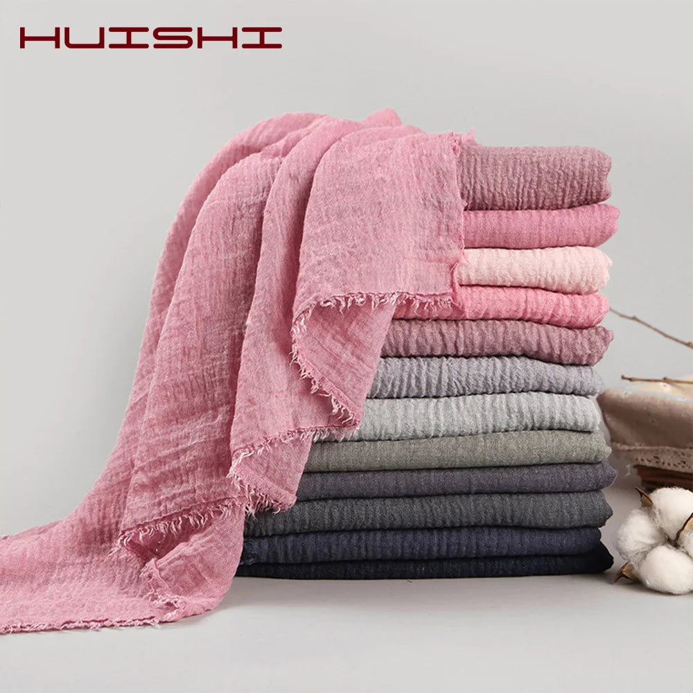 HUISHI Scarf Muslim Women Bubble Cotton Solid Islam Muslim Head Scarf Shawls and Wraps Female Foulard Crinkle Cloud Hijab