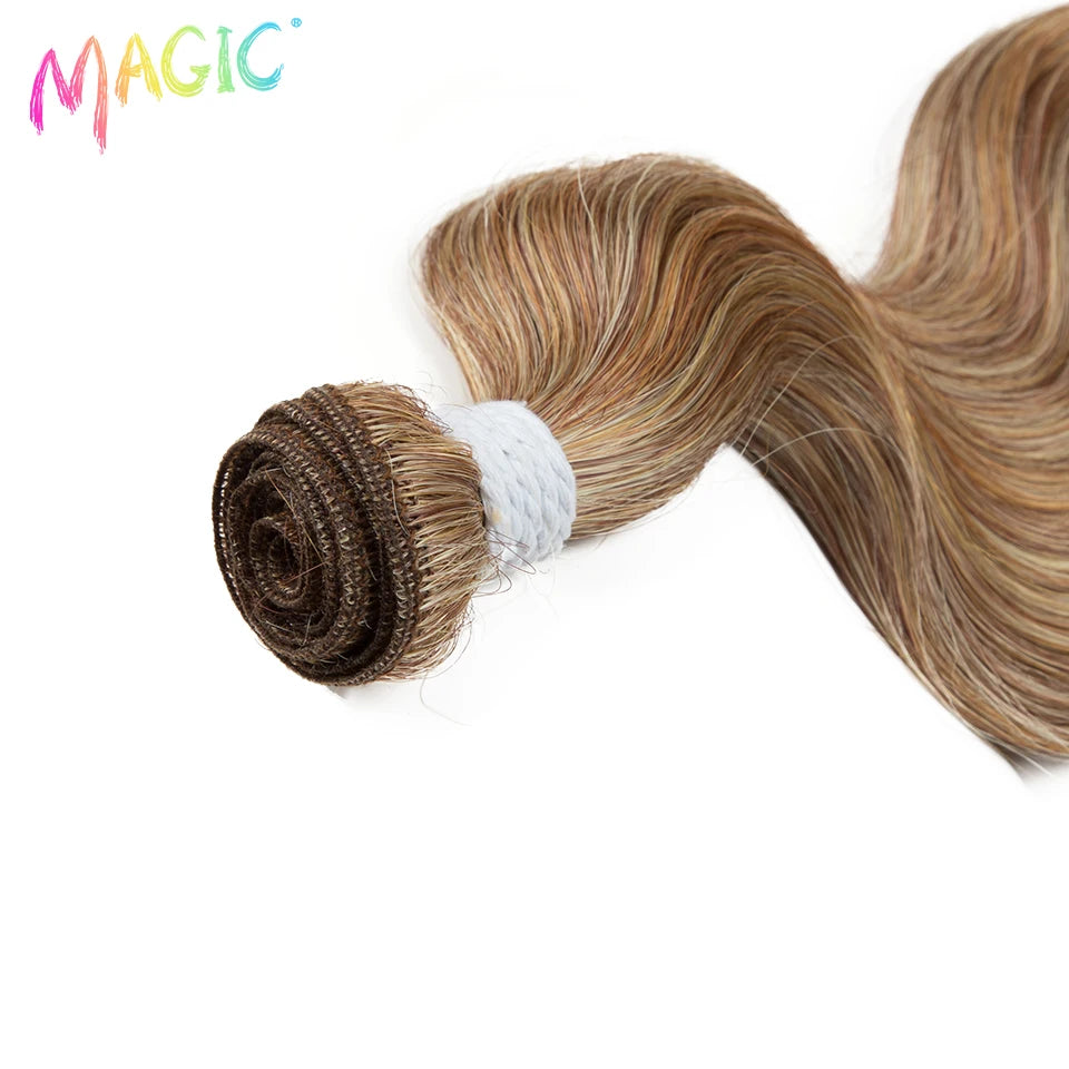 Magic Synthetic Hair 26 Inch Body Wave Hair Bundles 100G Ombre Blond Brown Weave Ponytail Hair Extensions Heat Resistant Hair