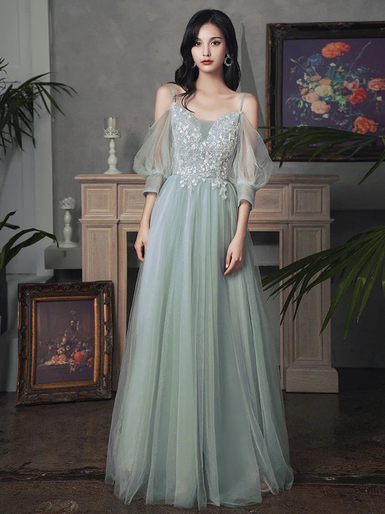 New sweat greydish green long lady girl women princess banquet bridesmaid performance dance ball dress gown free ship