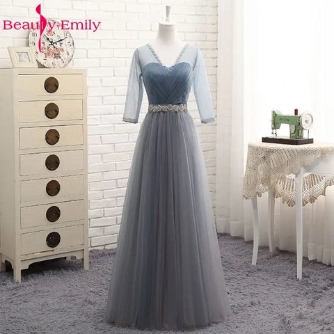 Beauty-Emily V Neck Bridesmaid Dresses Long for Wedding Elegant A Line Tulle Pink Party Gowns for Wedding Guests Prom Dress