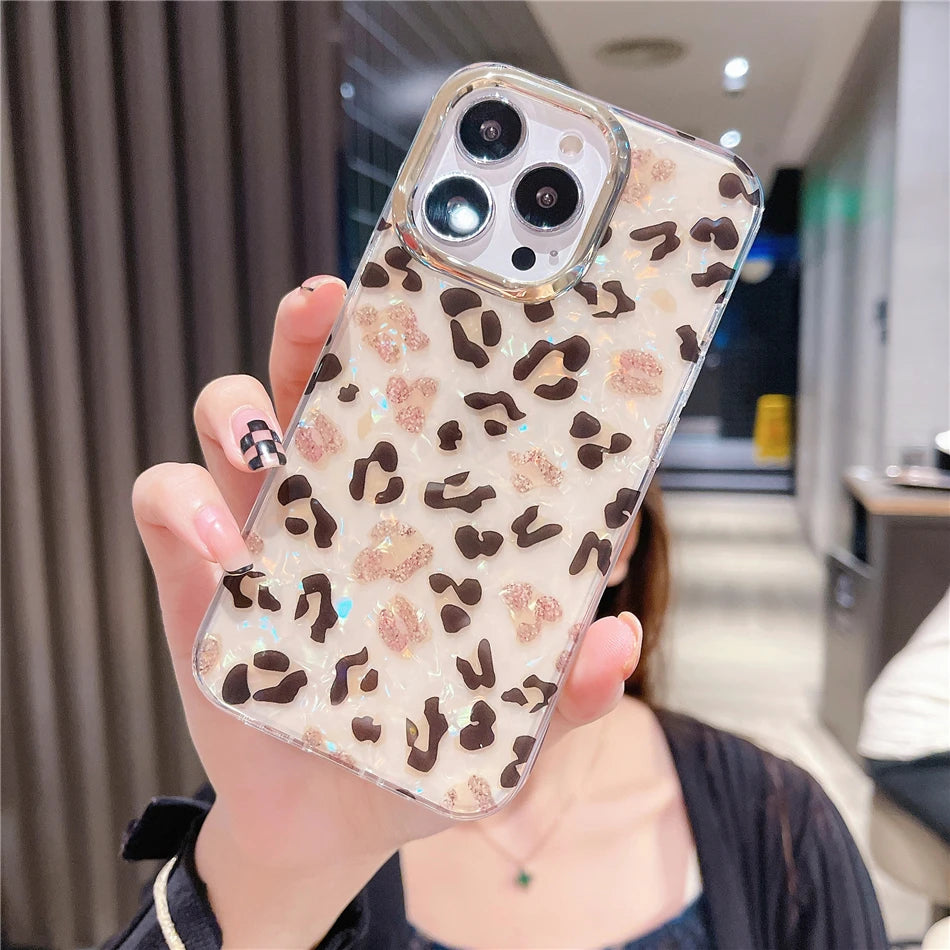 Cute Colorful Mermaid Scales Rainbow Shell Flower Phone Case for iPhone 15 14 13 12 Pro Max Leopard Print Hard Silicon Cover