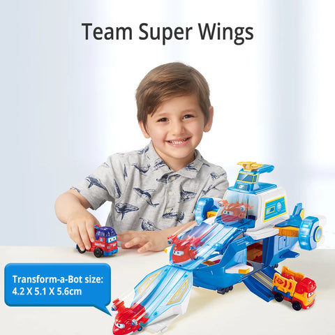 Super Wings S4 Air Moving Base  With lights & Sound World Aircraft Playset Includes 2” Jett Transforming Bots Toys For Kids Gift