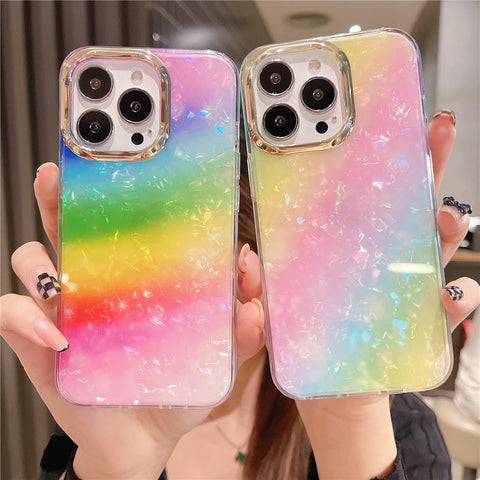 Cute Colorful Mermaid Scales Rainbow Shell Flower Phone Case for iPhone 15 14 13 12 Pro Max Leopard Print Hard Silicon Cover