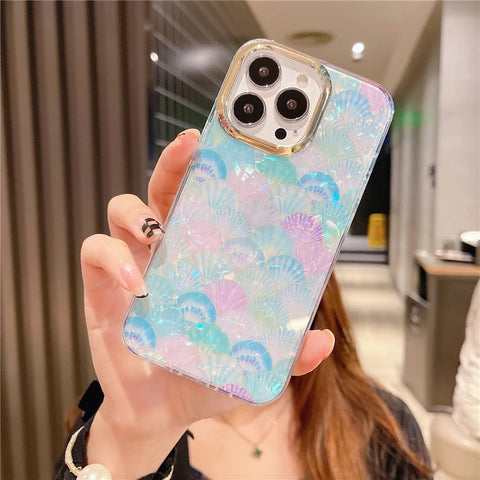 Cute Colorful Mermaid Scales Rainbow Shell Flower Phone Case for iPhone 15 14 13 12 Pro Max Leopard Print Hard Silicon Cover