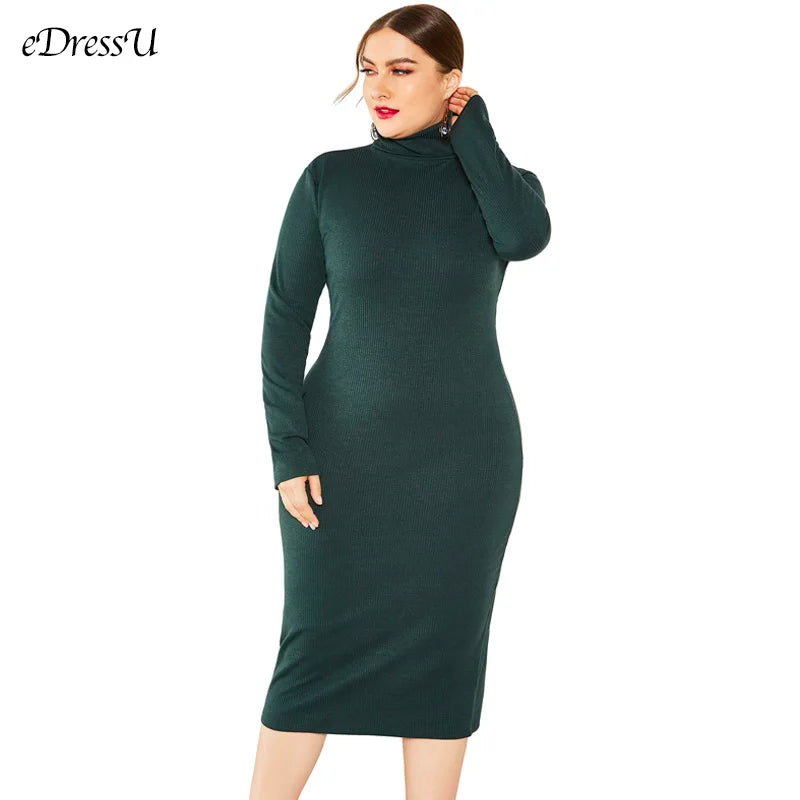 2021 Knit Dress Plus Size Women Autumn Winter Dress Turtleneck Sweater Dress High Quality Dark Blue Office Daily Dress LMT-8006