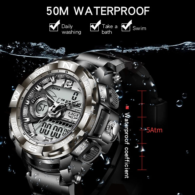 2023 LIGE Sport Men Quartz Digital Watch Creative Diving Watches Men Waterproof Alarm Watch Dual Display Clock Relogio Masculino