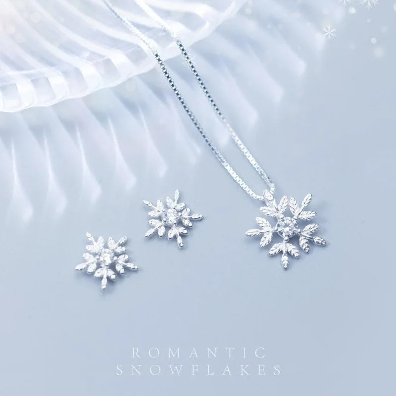 Fashion Snowflake Necklace Earrings Set for Women Girls 925 Sterling Silver Jewelry Sets Christmas Accessories Wholesale