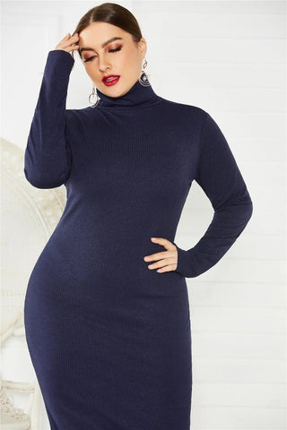 2021 Knit Dress Plus Size Women Autumn Winter Dress Turtleneck Sweater Dress High Quality Dark Blue Office Daily Dress LMT-8006