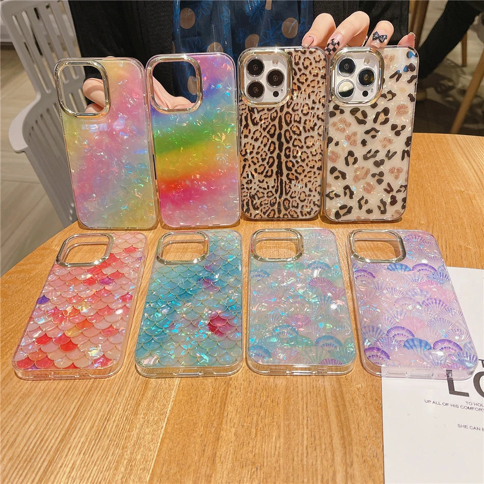 Cute Colorful Mermaid Scales Rainbow Shell Flower Phone Case for iPhone 15 14 13 12 Pro Max Leopard Print Hard Silicon Cover