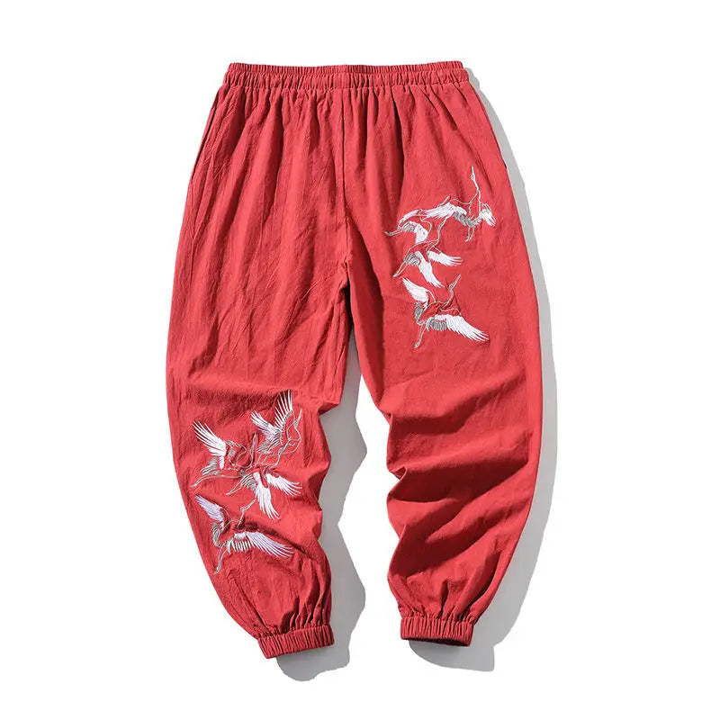 Linen Ankle-Length Pants Men's Retro Crane Embroidered Harem Pants