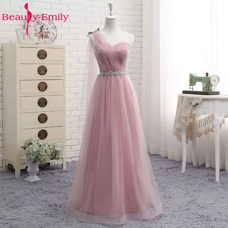 Beauty-Emily V Neck Bridesmaid Dresses Long for Wedding Elegant A Line Tulle Pink Party Gowns for Wedding Guests Prom Dress