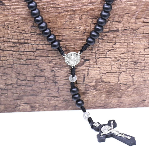 Black Wooden Christ Jesus Cross Religious Necklace Catholic Rosary Necklace Church Souvenirs Prayer Pendant Necklace