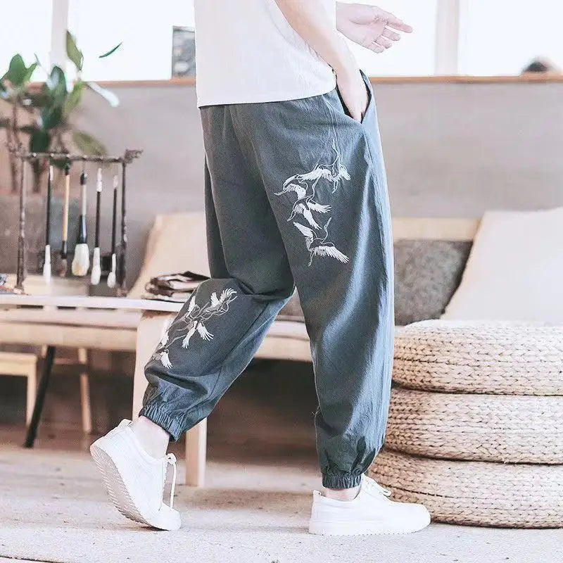 Linen Ankle-Length Pants Men's Retro Crane Embroidered Harem Pants