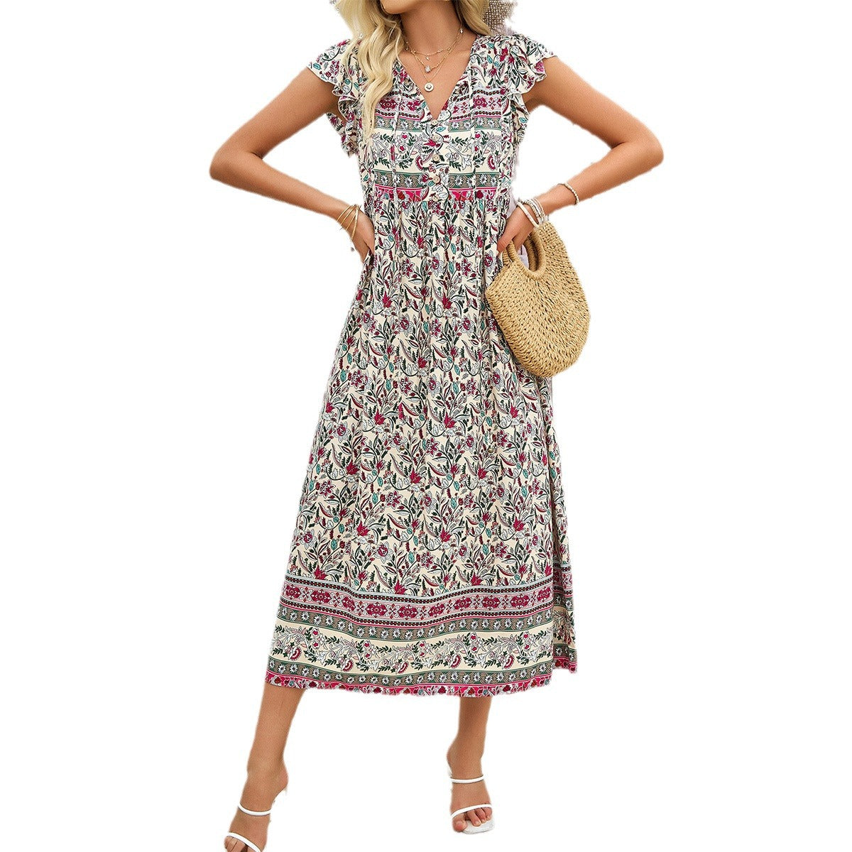 Women's Casual Holiday Floral Print V-neck Dress - Nuri Shopping