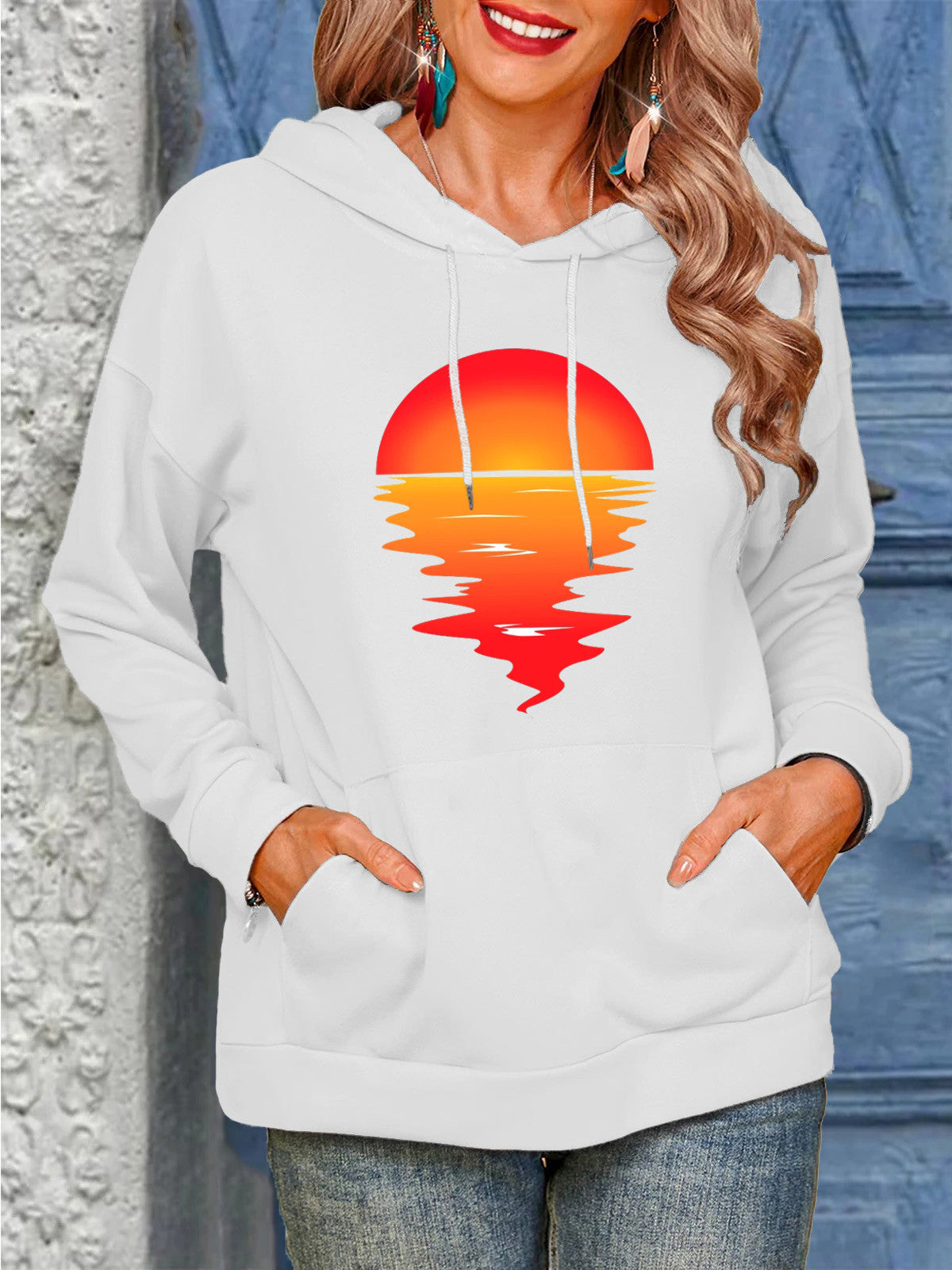 Sun Pattern Printing Hoodie With Drawstrings Sweaters Women's Clothing