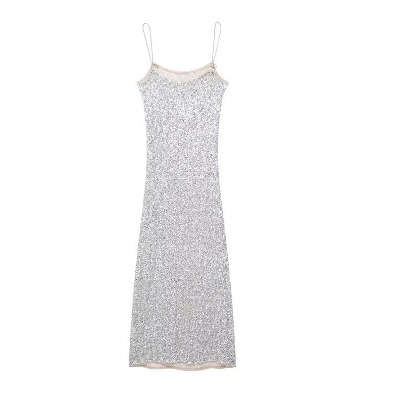 Sequin Decorative High Waist Backless A- Line Slip Dress - Nuri Shopping