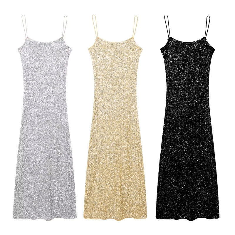 Sequin Decorative High Waist Backless A- Line Slip Dress - Nuri Shopping