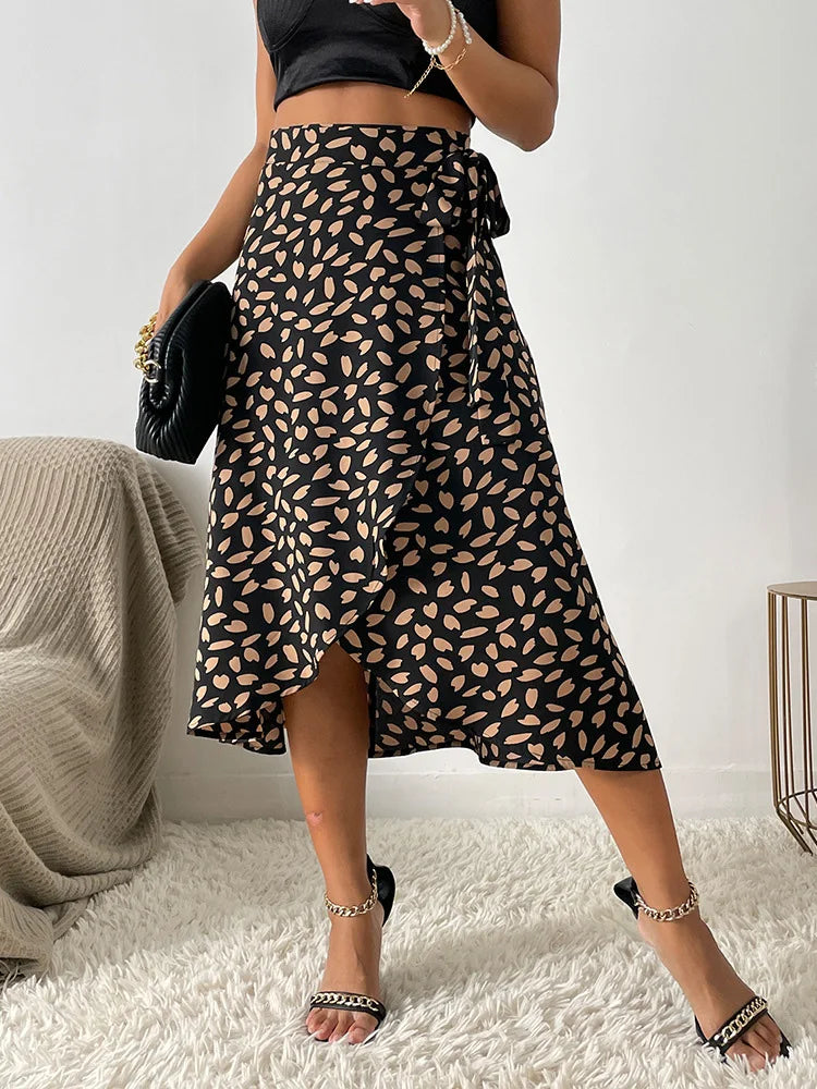 Women Casual Print Tie Side Wrap Skirt