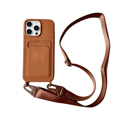 Crossbody Lanyard Necklace Rope Wallet Silicone Case For iPhone 15 Plus 14 13 12 11 Pro Max Slot Card Holder Plain Back Cover