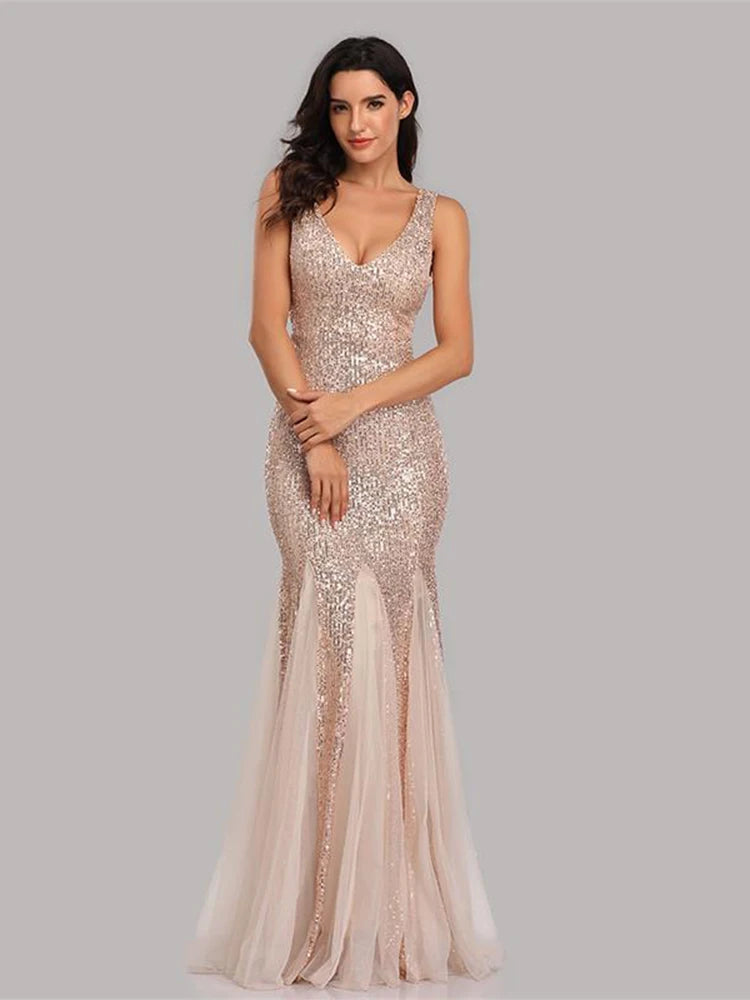 Formal Prom Party Gown Sequins Sleeveless Robe