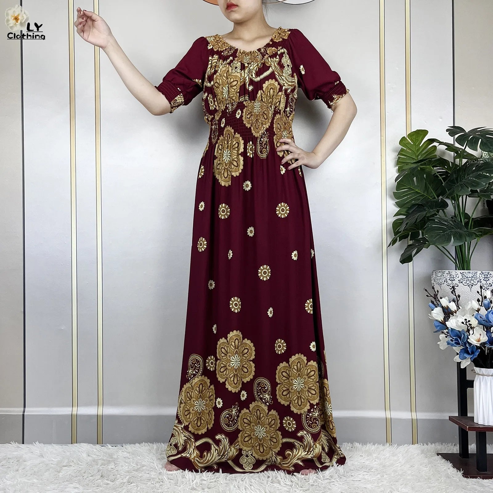 New Summer Muslim Abayas Fashion For Women Floral Elasticity Loose Femme Elegant Robe Maxi African Casual Dresses With Turban