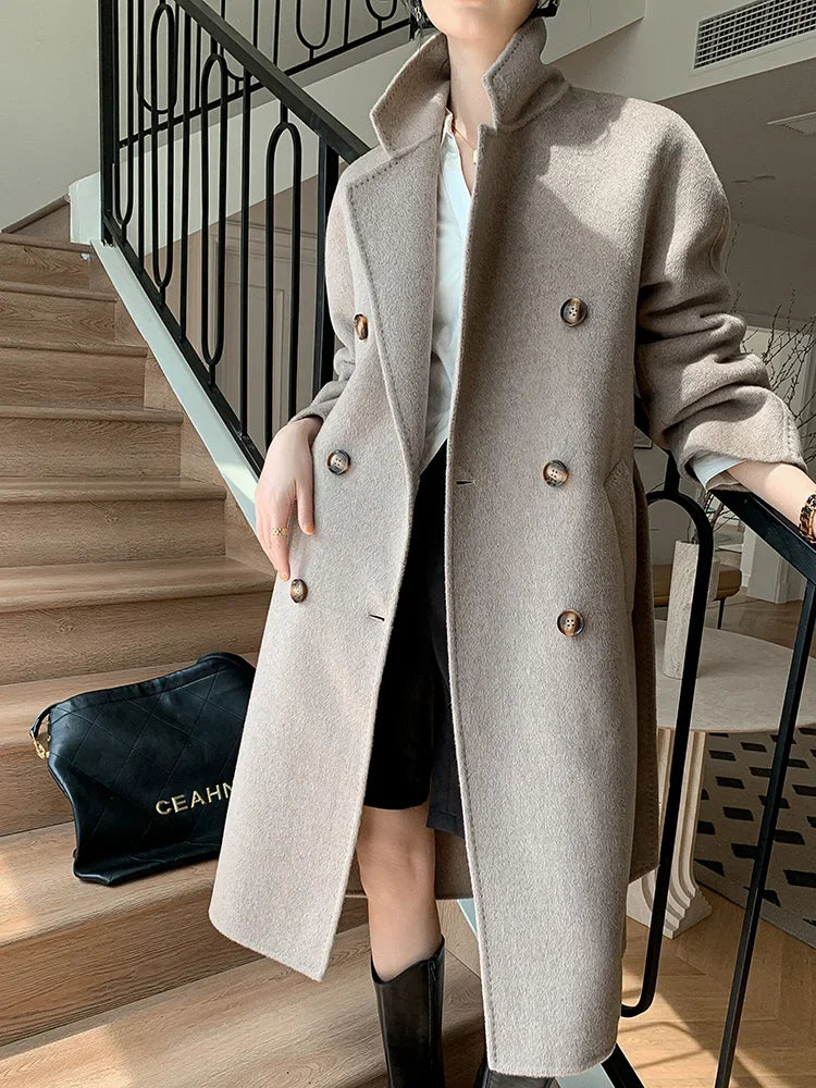 Fashion Trendy Women's Coat 100% Pure Australian Wool Coat Solid Color Autumn and Winter Double-Sided Woolen Women's Clothing