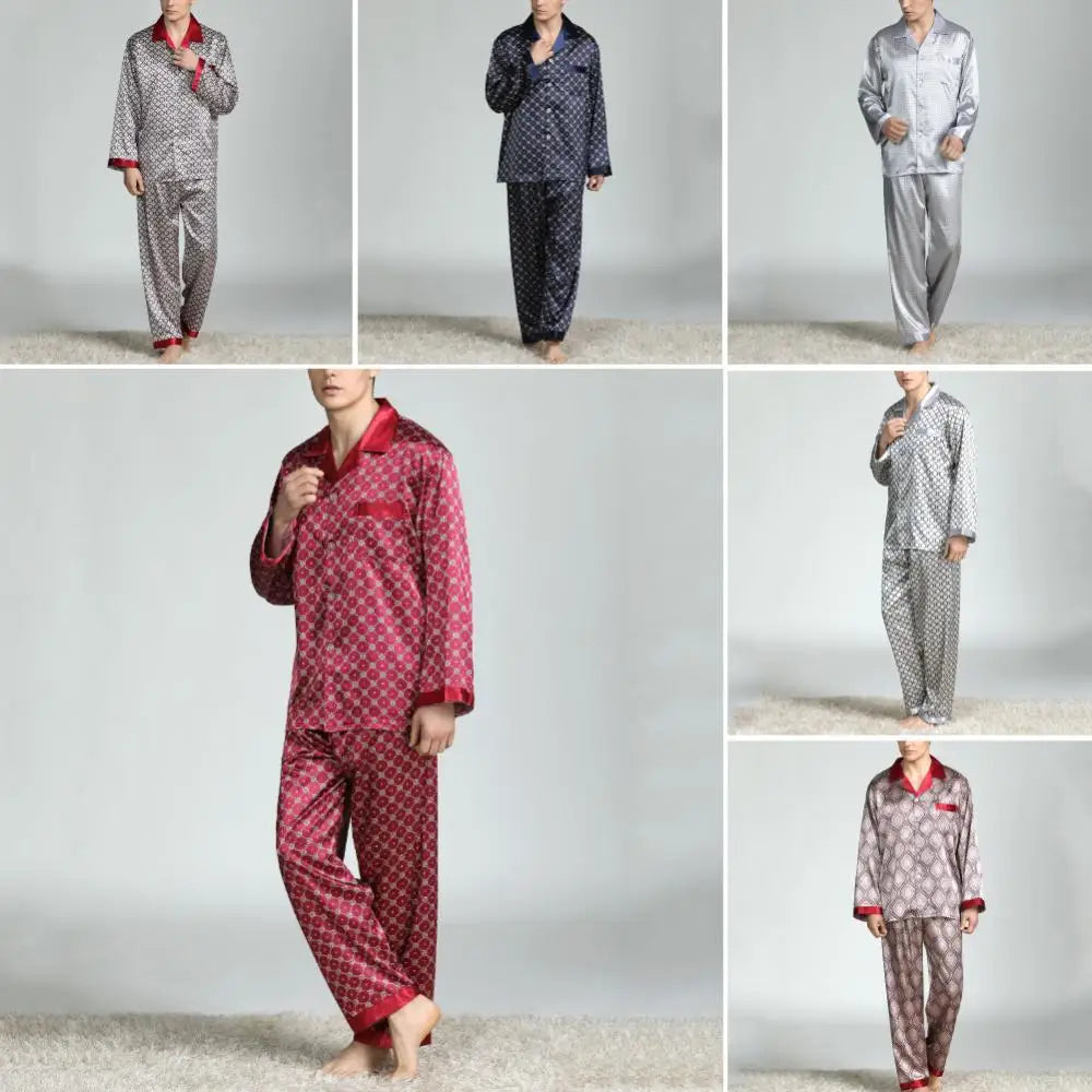 Print Imitation Silk Long Pants Sleepwear Men Summer Pajama Set Shirt Nightwear