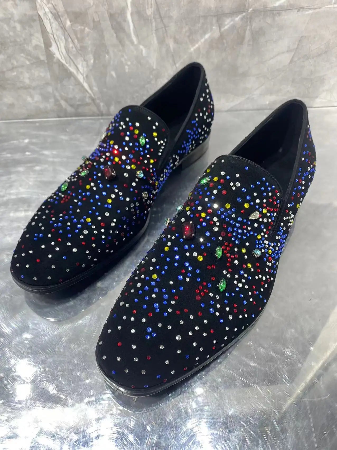 Fashion Men's Bling Sequine Loafer Shoes Round Toe Slip On Low Heel Male Slip On Spring Autumn Party Wedding Show Single Shoes