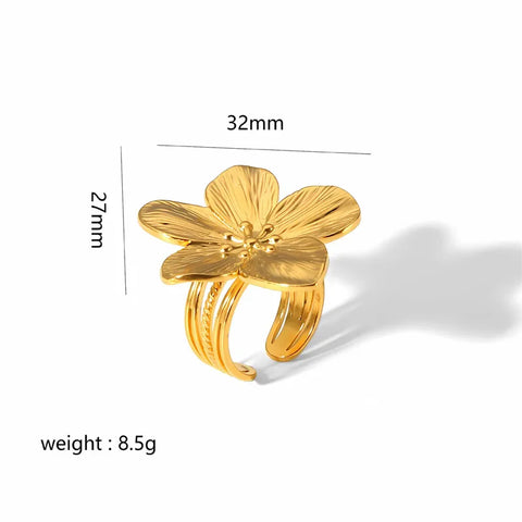 Exquisite Stainless Steel Flower Adjustable Opening Rings 18k Gold PVD Plated Waterproof Finger Jewelry For Women Wedding Gift